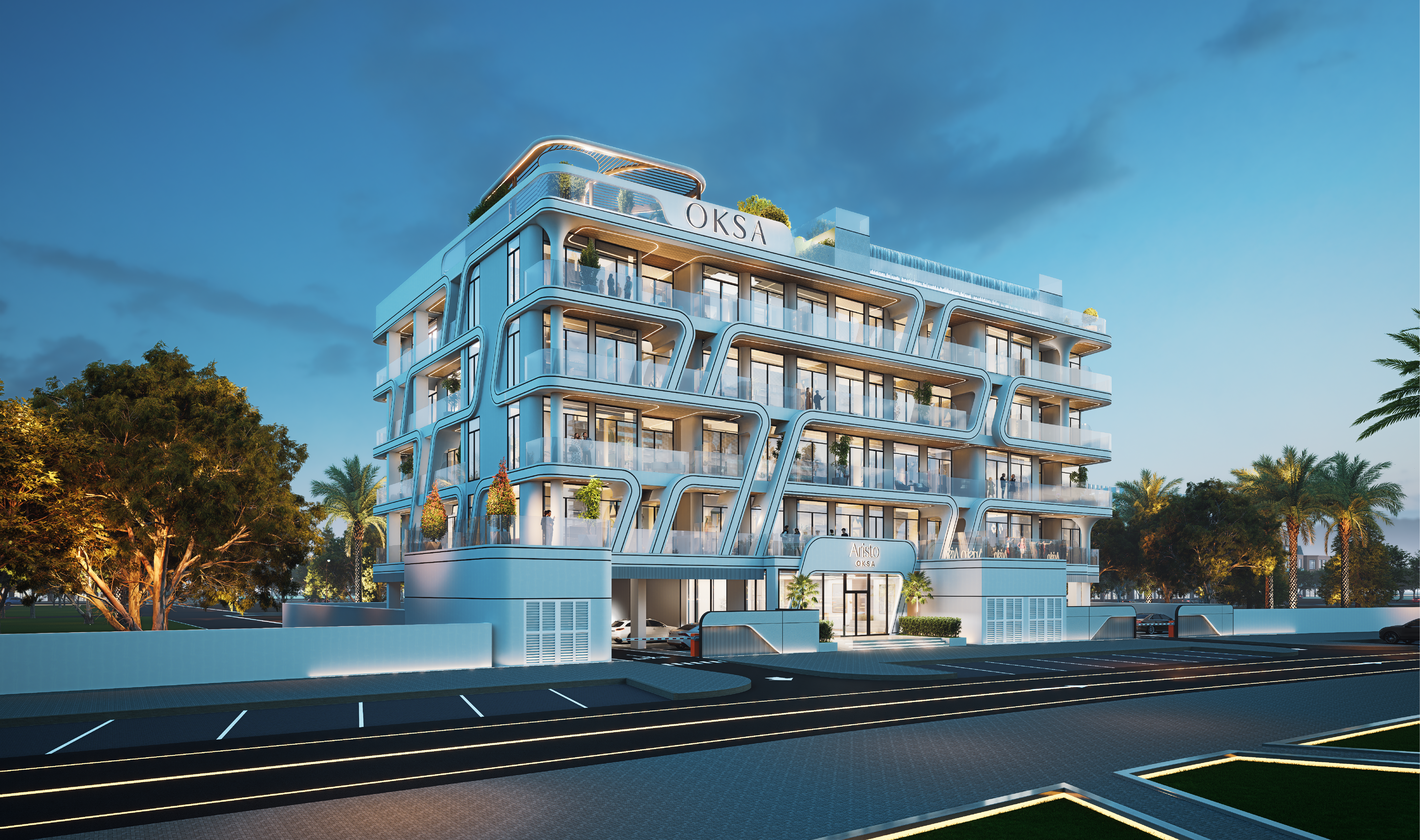 Modern luxury residential building exterior by OKSA Developer in Dubai